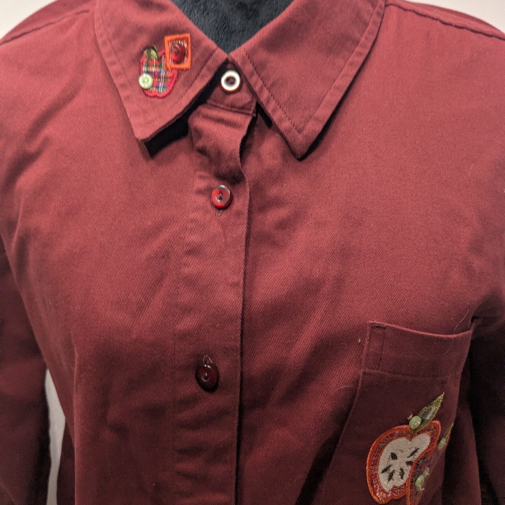 Christopher & Banks Burgundy Button Down Shirt with Apple Embroidery